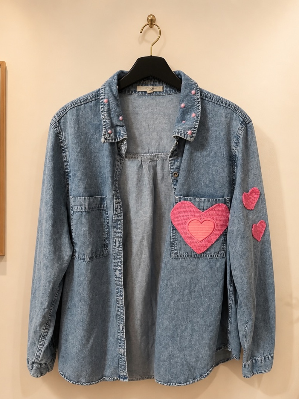 Maurices Light Blue Denim Button-Down Shirt with Pink Heart Patches